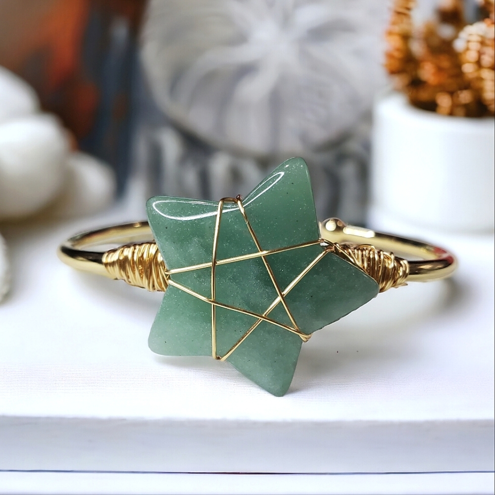Adventurine Natural Stone Star 18k Gold plated Wrapped Crystal Bracelet